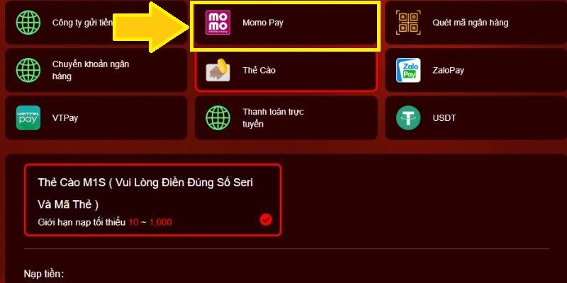 Thanh toán qua ví Momo vô cùng tiện lợi cho các thành viên của nhà cái
